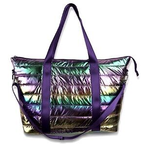 Large Metallic Puffer Tote Weekender w/ Decorative purple Straps